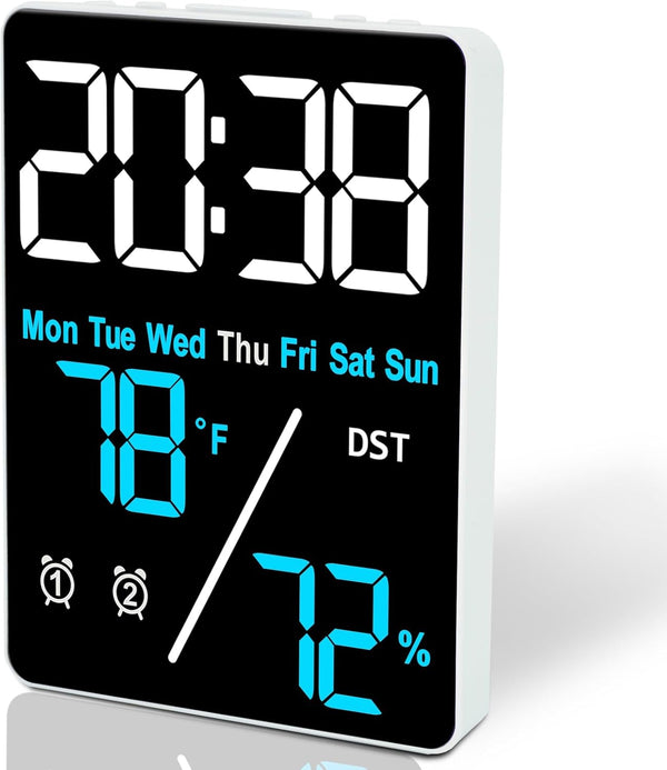 Despertador Digital LED com Dimmer E 2 Alarmes Modernos para Casa, Azul Digital Branco